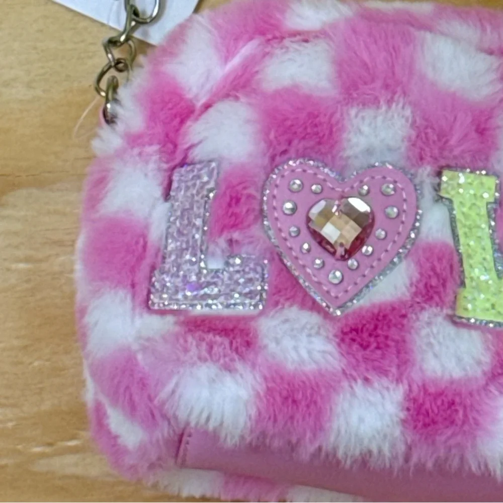 Girls Tween Pink Fuzzy Crossbody Purse LOVE Glitter Mini Bag NWT